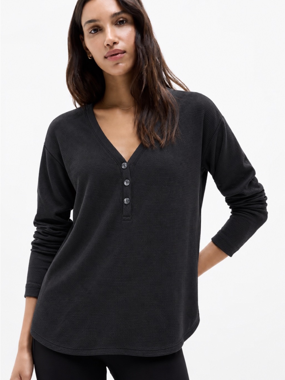 Athleta Wind Down Women’s L Black Waffle Knit Henley Long Sleeve Top NWT